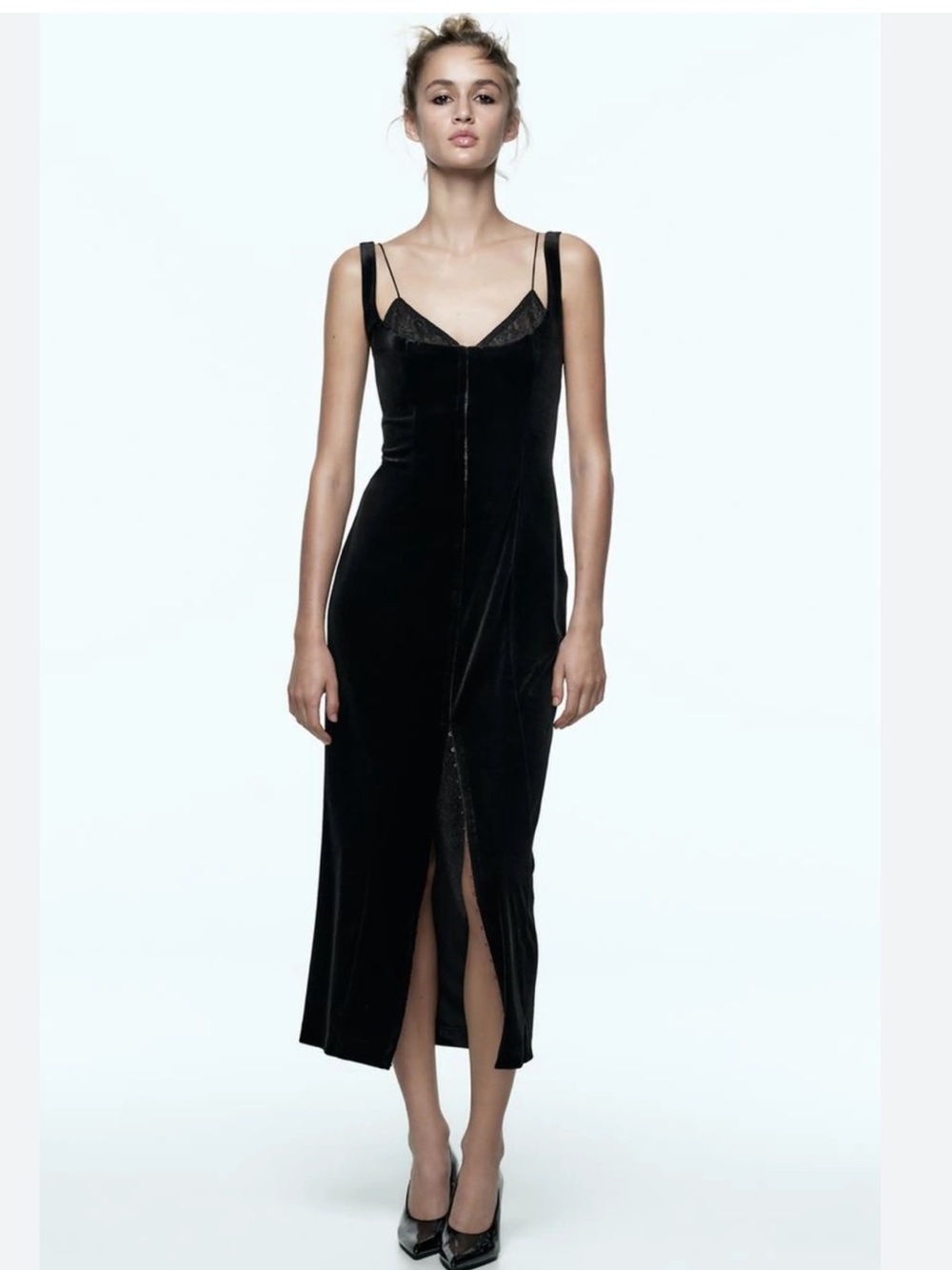 Zara Black Velvet Slip Midi Dress with Front Slit